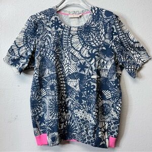 Tory Burch Blue White Floral Knit Top Pink Trim Short Sleeve XL Stretch